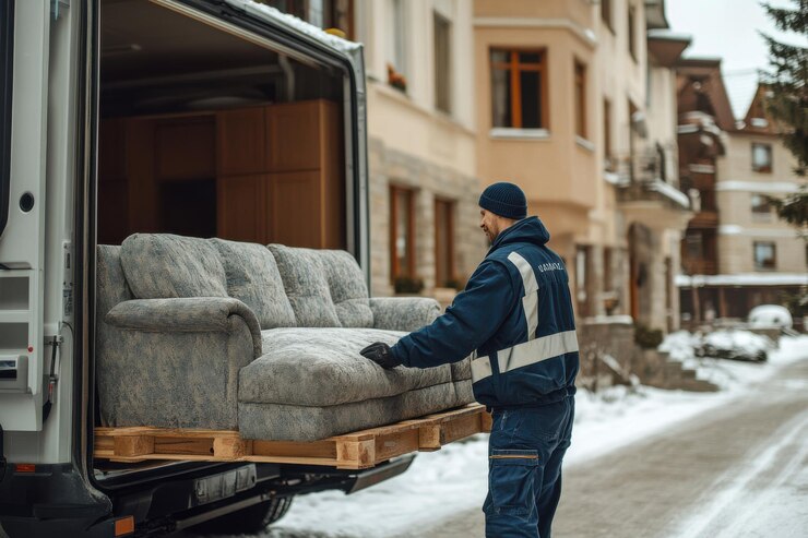 شراء الاثاث المستعمل غرف نوم مطبخ مكيفات والاجهزة الكهربائيه حي اليرميوك 0554883326 4 movers unloading large sofa from moving truck snowy street residential neighborhood 993044 11798
