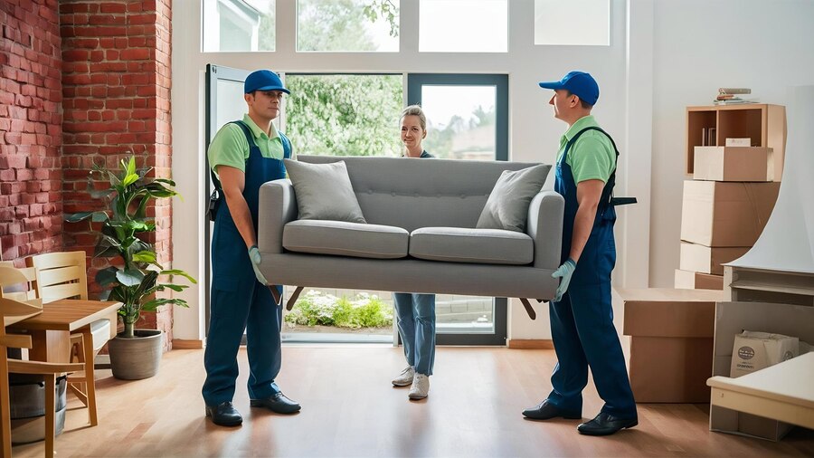 افضل شركة نقل اثاث في 2025 حي المصيف خصم 50٪ - 0554883326 3 professional movers carrying sofa new house 926199 3921571
