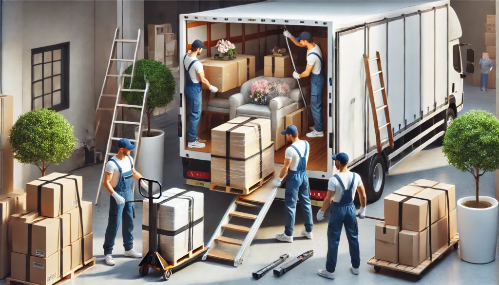 DALL·E 2025 03 09 07.18.34 A professional moving company transporting furniture in a well equipped truck. Workers are carefully loading wrapped furniture using lifting straps a